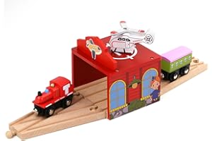 EVERGD Wooden Airport Parking Garage with Toy Helicopter Train Track Toy Wooden Train Track Expansion Scene accessories Wooden Role Play Toys for All Major Brand Toy Trains