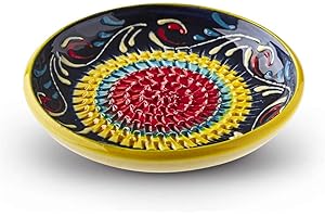 THE GREAT GARLIC GRATER Garlic Grater Plate. (#Ref 9). Handmade and Hand Painted in Cordoba, Spain. Blue Plate with Yellow, Blue and red Circles. Flamingo.