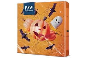 PAW DECOR COLLECTION PAW - Serviette en Papier Halloween (33 x 33 cm) | Lot de 20 | Papier 3 Plis | Serviette Halloween Table - Automne, Halloween, Fantôme, Citrouille | Motif: Funny Halloween
