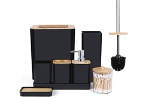 FEILANDUO Bathroom Accessories Set,8Pcs Bathroom Accessory Set with Trash Can, Soap Dispenser and Toothbrush Holder, Soap Dish, Qtip Holder, Toilet Brush,Vanity Tray (Black)