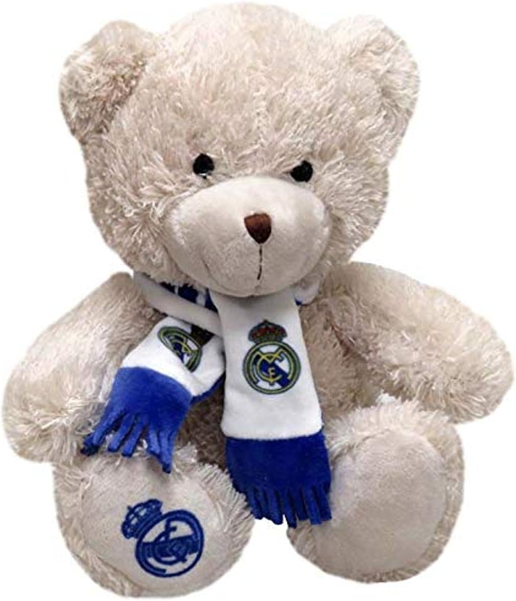 Real Madrid, Peluche Osito con Bufanda, Producto Oficial Real Madrid, Dimensión 20 cm, Color Marrón (CyP Brands)