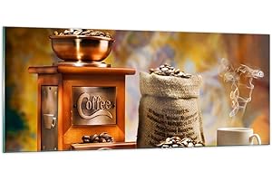 ARTTOR Moderne Impression sur Verre 100x40cm Image Tableau en Verre Decoration Murale Café grains broyeur tasse Grand Tableaux Decoratifs Muraux Chambre Panoramique Deco Cadre Salon Art GAB100x40-2592