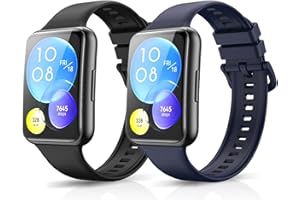 KeeFos [2 Stück Armband Kompatibel mit Huawei Watch Fit 2, Silikon Ersatzarmband Herren Damen Silikonarmband Kompatibel mit Huawei Watch Fit 2 - Schwarz+Blau