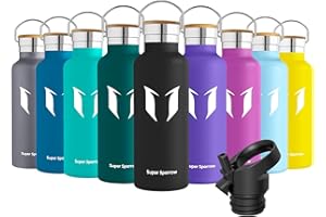 Super Sparrow Water Bottle Stainless Steel - 350ml/500ml/620ml/750ml/1L- Insulated Metal Water Bottles - Standard Mouth Flask - BPA Free - Straw Bottle for Work, Gym, Sports - 2 Lids
