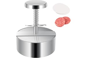 Seahelms Burger Press, 304 Stainless Steel Adjustable Hamburger Maker with Handle and 50 Wax Disc Papers, Round Shape Non-Stick Cutlets Hamburger Meat Beef Grill Burger Smasher Patty