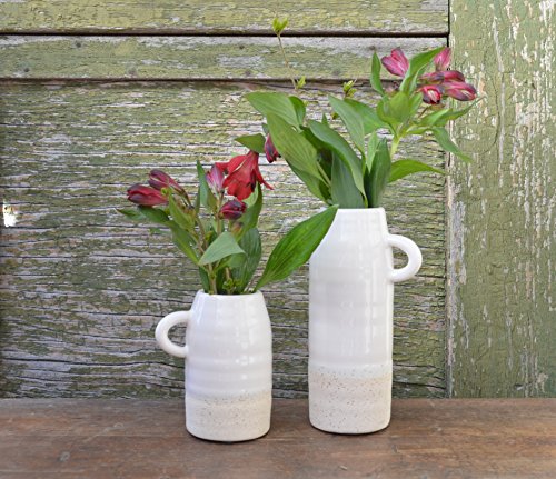 Deko-vasen mit Henkel im Landhaus Stil 2er Set. Keramik-vase creme-weiß und beige (cremeweiß glasiert) – Blumen-Vase Tisch-Vase - 3