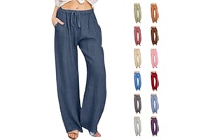 CHDIRNELY Women's Linen Trousers Clearance Wide Leg Pants Plus Size Elastic Waist Summer Casual Palazzo Trousers with Pockets Cotton Solid Color Straight Long Pants