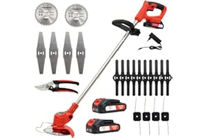 OUTIGO Debroussailleuse Electrique sans Fil, Débroussailleuse à Gazon sans balais avec 2 Batteries et 4 Lames avec poignée réglable, Débroussailleuse à Gazon Portable d'extérieur pour Couper l'herbe