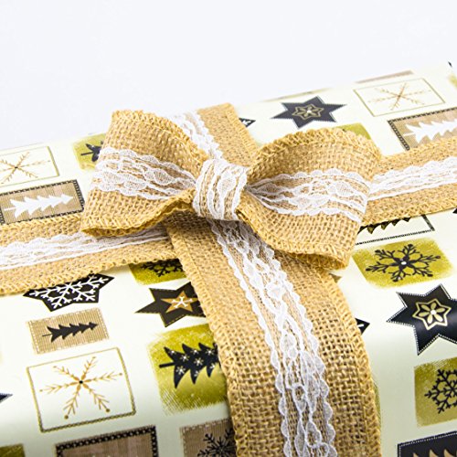 2er SET Jute-, Geschenkband mit Spitze für Weihnachtsgeschenke, Blumensträuße und zur Dekoration, Hochzeitsdekorationen, Tischverzierung oder Geburtstagspresente, Schleife, Farbe: Natur/weiß - 5