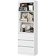 FirFurd 180cm Tall Bookcase Bookshelf with 3 Drawers and Shelves Living Room Storage Cabinet Freestanding Display Cupboard Unit Wooden White