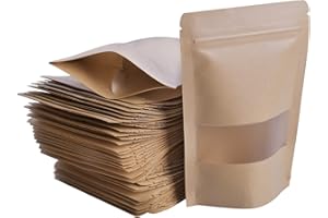 Anseom 100 Stück Papiertüten mit Sichtfenster, Kraftpapier Tuten Sichtfenster, Papiertüten Braun Standbodenbeutel mit Verschluss für Lebensmittel, Kaffee,Tee, Nudeln, 10 * 15cm