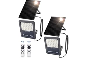 Aigostar Foco proyector LED solar con control remoto,focos solare de 200W, 2000LM,luz blanca fría de 6500K,IP65 impermeable Luz solar exterior,para jardín,terrazas,garajes,cable de 2M,Paquete de 2