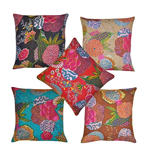 JGART Indio decoración del hogar Hilo Bordado Trabajo Bloque Impreso Kantha Funda para cojín, 41 x 41 cm, Lote de 5 pcs