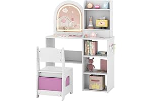 COSTWAY Kids Dressing Table, Girls Vanity Set with Stool, 3-Color LED Lights Mirror, Storage Shelves, Fabric Drawer, Make Up Pretend Dresser Desk Chair Set for Toddlers (White)