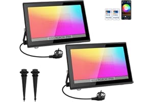 T-SUN Projecteur LED RGB Exterieur 60W 2 Pièce, Eclairage de Sécurité Intelligente Changement de Couleur avec App et Télécommande IP66 Etanche Sync avec Musique pour Patio, Terrasse, Jardin, Halloween