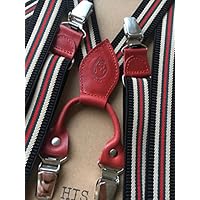 Hosenträger für Herren, gestreift - rot, Leder rot, 100% Handarbeit; Echtlederelemente vorne und hinten