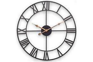 ‎SKYNATURE Large Wall Clock, European Industrial Vintage with Big Roman Numerals, Silent Non-Ticking, Metal, for Home, Living Room, Kitchen, Bedroom and Cellar - 45 cm, Black.