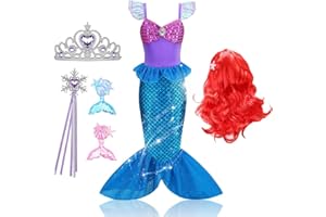 Tindisonka Meerjungfrau Kostüm Mädchen, 6-Teiliges Set Meerjungfrau Kleid Mädchen, Prinzessin Meerjungfrau Arielle Kostüm Kleid, Kostüm Kinder für Karneval Party Halloween Weihnachten Cosplay