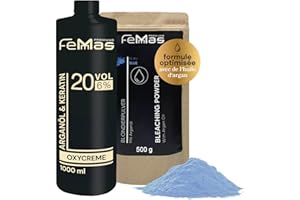 Kit décoloration FeMmas 6% I Poudre décolorante bleue 500g et Crème oxycrème révélatrice 1000 ml I Kit parfait pour l'éclaircissement à domicile I Pour une décoloration jusqu'à 9 tons en qualité salon