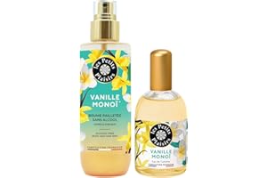 Les Petits Plaisirs - Lot Brume parfumée vanille monoï pailletée + Eau de toilette Vanille Monoï. Made in France, Brume 200ml, Eau de toilette 110ml