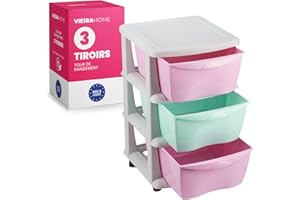 VIEIRA HOME Tour de Rangement Plastique 3 tiroirs | Meuble Rangement à Tiroirs en plastique sur roulettes caissons | Tiroir Rangement bac plastique boite - Fabriqué en Europe (Rose)