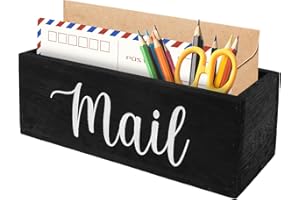 DANDELIONSKY Mail Organizer Solid Tung Wood Letter Holder with 2 Slots Decorative Mail Letter Rack for Countertop Multifunctional Postcard Storage Organiser for Home Office Entryway Living Room (Black White)