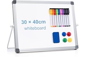 ARCOBIS Dry Erase WhiteBoard 40 x 30 cm, A3 Double Sided White Board with Stand, 10 Pens, 1 Eraser, 4 Magnet, Small Portable Desktop Magnetic Board for School Supplies Office