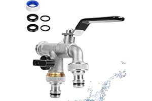 JINYOMFLY Grifo Doble de Calidad de Latón de 1/2 Pulgada, Resistente al Óxido y Las Heladas, Grifo de Jardín con 2 Conexiones de Manguera, Doble Conexión y Boquilla para Jardín (Negro)