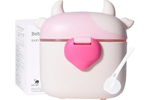 Bebamour Baby Milk Powder Dispenser Śliczna krowa mleczna Przenośny pojemnik na mleko w proszku do podróży na zewnątrz Hermetyczne pudełko na przekąski z pokrywką,460ML, Light Pink