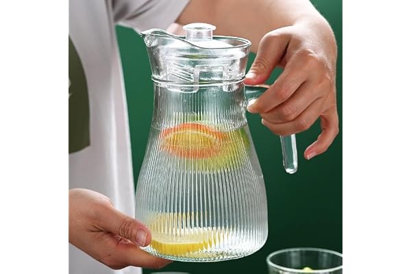 ZROY 1.5L Glass Pitcher with Handle & Lid, Ribbed Soda Lime Glass Jug for Water, Juice, Iced Tea, Elegant Fridge Carafe for Home & Kitchen Jug for Dining Table, Ideal for Gift (Wrinkle - 1.5L)