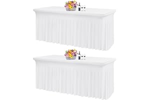 YMHPRIDE 2 Packungen weißer Spandex-Tischrock für 1,8 m große rechteckige Tische knitterfreie passgenaue Spandex-Tischdecke Stretch-Tischdecke mit Rock für Hochzeiten Bankette Messen Partys und Veranstaltungen