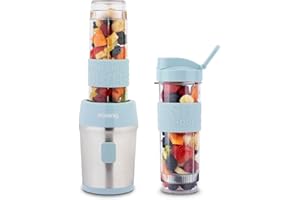 H.Koenig Mini Blender/Smoothie/Mixeur SMOO16 – 570mL, 300W, 4 Lames Inox, Sans BPA, 2 Bouteilles portables avec couvercles de voyage, Bleu Pastel