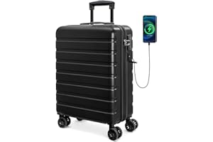 AnyZip Handgepäck Koffer Leicht Hartschalenkoffer Reisekoffer Trolley Rollkoffer mit TSA Schloss und 4 Rollen USB（Schwarz,M）