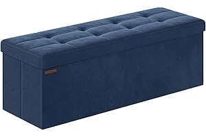 SONGMICS Storage Ottoman, Foldable Small Ottoman Foot Rest, 38 x 110 x 38 cm, Cube Ottoman with Storage, Load up to 300 kg, for Living Room, Bedroom, Entryway, Midnight Blue LSF277Q51