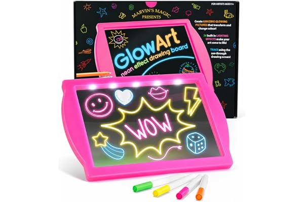 Marvin's Magic - Tablette à dessin lumineuse Glow Art pour enfants - Comprend une planche à dessin à effet néon avec un support intégré et 4 crayons magiques fluorescents - Rose