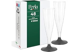 PERLA ITALIA Perla - 48 Flute Plastica - Calici Plastica Rigida 120ml - Bicchieri da Champagne Trasparenti - Calice Lavabile e Riutilizzabile per Feste Matrimoni e Compleanni (Gambo Nero)