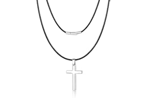 MOJOROUS 2mm Boy Leather Braided Rope Chain Waterproof Cross Chain for Boys Stainless Steel Cross Pendant Necklace Christian Confirmation Baptism Easter Gifts Black/Silver/Gold