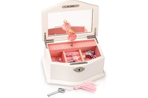 Art Lins Elle Ballerina Music Jewelry Box with Lock, Wooden Keepsake Box with Wind Up Music Swan Lake, Small (White)