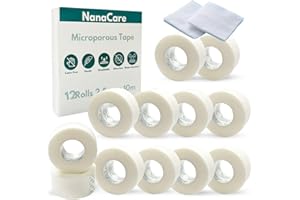 NanaCare Microporous Surgical Tape 2.5cm x 10m + 10pc Medical Gauze Pads | 12 Rolls Micropore Surgical Tape | Medical Tape for Skin, Dressings and Face | First Aid Tape Suitable for Sensitive Skin