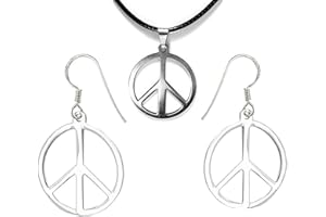 PPX 3 Pieces Peace Sign Silver Metal with Fabric Ribbon Chain for Necklace and Peace Sign Earring Jewelry set with a box