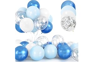 YOYOIN 30 Pièces Ballons Bleu, 12 Pouces Métallisé Chrome Bleu Confettis Ballons, Latex Hélium Bleu et Blanc Ballons avec Ruban pour Anniversaire Mariage Festival Enfant Baby Shower Fête