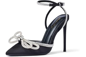 Zhabtuc Damskie szpilki z kokardką ze strasu, seksowne, szpiczaste, z kokardką, satynowe czółenka z obcasem, eleganckie paski na kostce, sandały na wysokim obcasie, na imprezę, wesele, dla panny