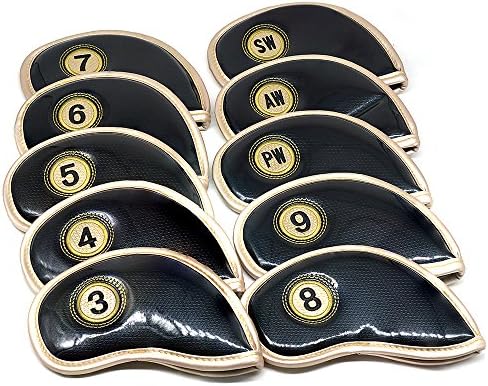 Debonice 10pcs/set Golf Iron Head Covers PU Leather 3-9 A/SW/PW Elastic Neoprene Material with Number Tag Protect Case for Irons … (Black)