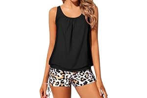 IHCEMIH Swimming Costume Women Tankinis Sets Blouson Swimsuits Push up High Waisted Swimwear Bathing Suit Women's Printed Beachwear 2 Piece Tankini with String Shorts for Ladies UK