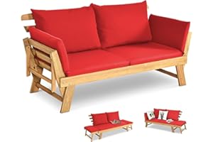 GOPLUS Canapé Lit de Jardin Extensible 2 Places Charge 320 KG, Accoudoirs Réglables, Coussins & Dossier Amovibles, Cadre en Bois d’Acacia Massif, pour Terrasse, Balcon, Parc, Patio（Coussin Rouge）
