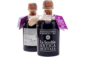 La Secchia - Aceto Balsámico de Módena IGP "Dos Estrellas", madurado en 8 barricas de roble, densidad media-baja, botella de 250 ml con tapón dosificador de corcho.