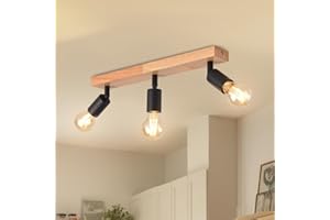 LVWIT Lámpara de Techo de Madera con 3 Vías E27 - Negro Ajustable Para Cocina y Salón (SIN Bombillas)
