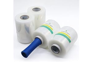 BOMEI PACK Mini pellicola elasticizzata, 20 my x 127 mm x 300 m, pellicola trasparente, 4 rotoli con 1 manico