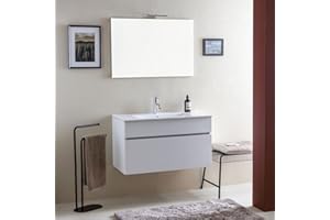 Kiamami Valentina - Mobile Bagno Completo 90CM | Specchio Retroilluminato | Lavabo in Ceramica | Finitura Promenade | Mobile Sospeso | Serie Sole, Promenade, 90CM, Lavabo Bianco + Specchio, Legno