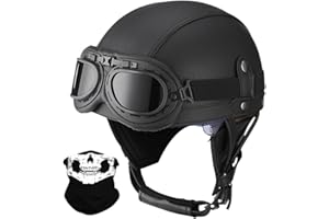 RMBDD Leather Half Helmet German Style Retro Motorcycle Helmet ECE Approved Men Women Vintage Open Face Helmet with Goggles Half Shell Cap Moped Helmet for Chopper Cruiser Scooter Bike